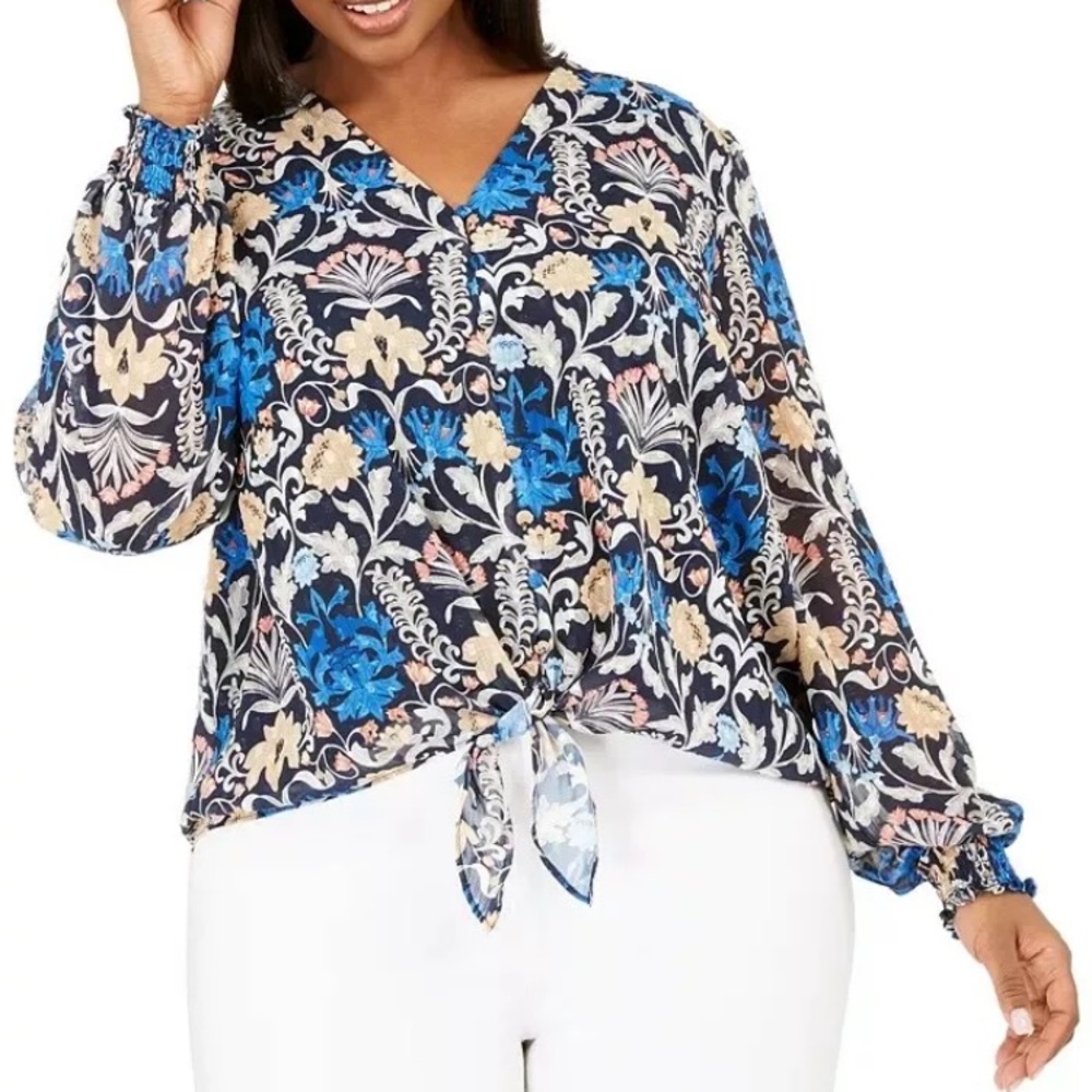INC blouse Floral Print  Brit top smocked plus size buttons up front tie